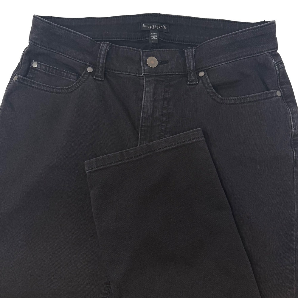 Eileen Fisher Black Straight Leg Denim Jeans Womens 8 Petite Stretch Mid Rise